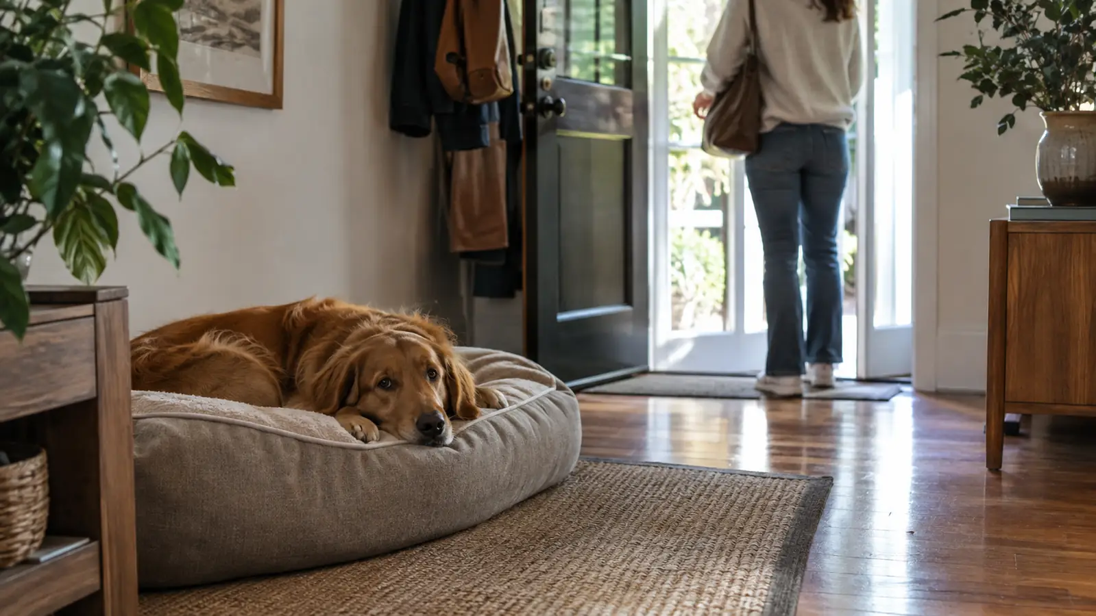A dog lies on a dog bed near the front door while a person in the background puts on shoes