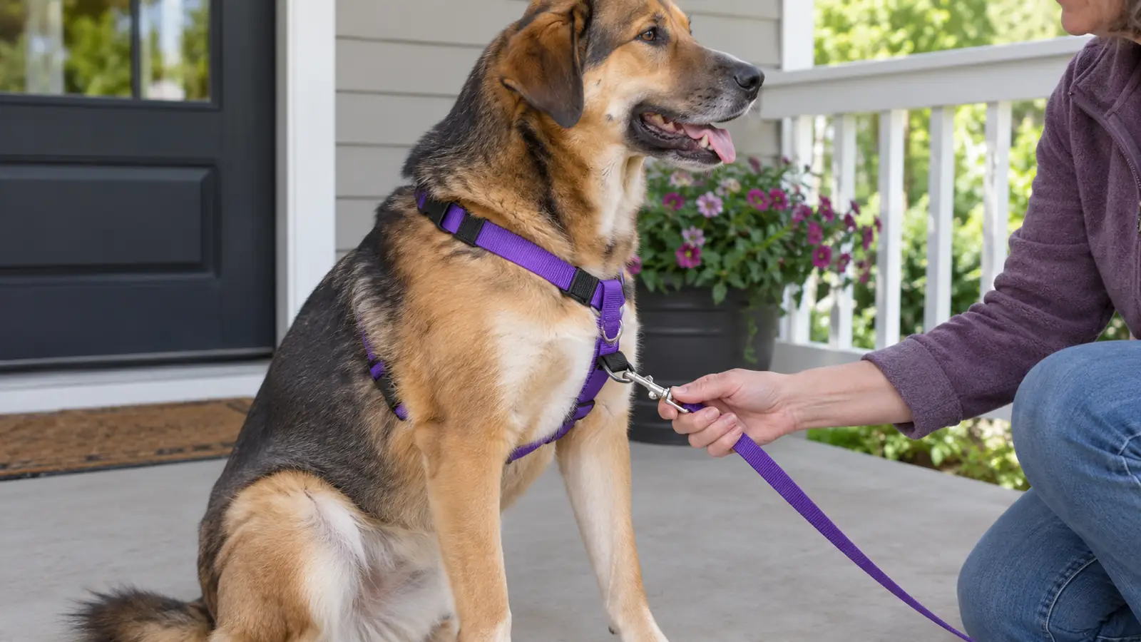 Side view of a large mixed-breed dog wearing a front-clip harness while sitting on a porch, with the leash attached at the chest