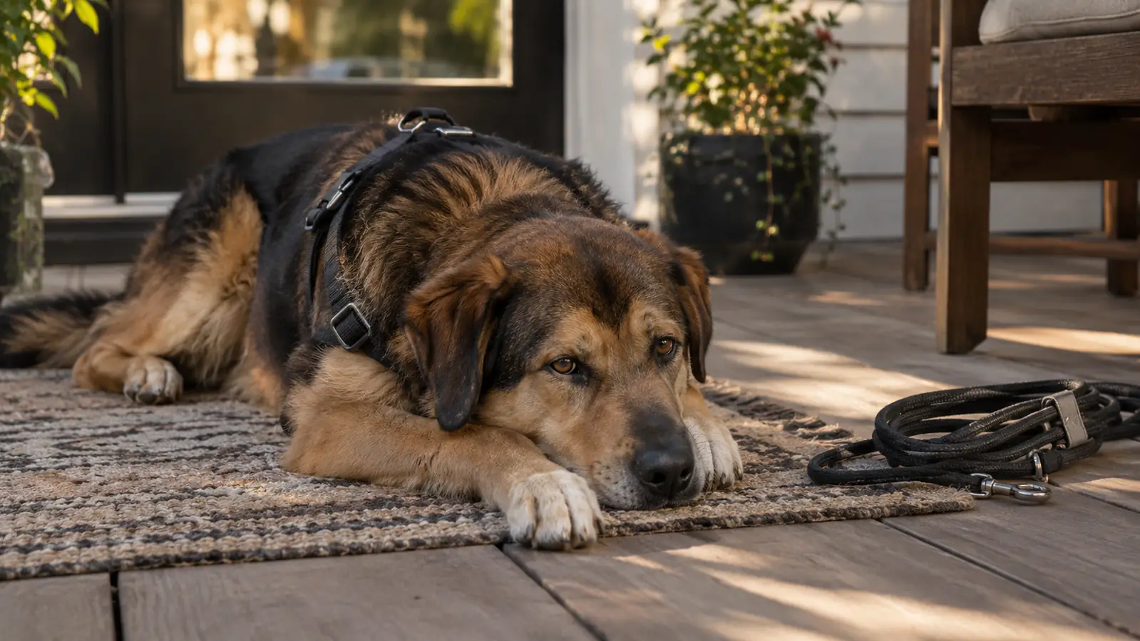 A large mixed-breed dog resting on a porch beside a front-clip harness and a loose leash