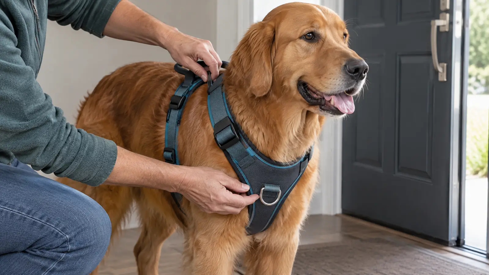 Hands adjusting the chest strap of a front clip harness on a large dog before a walk.