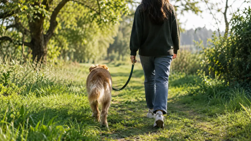 A person walking a large dog on a loose leash down a tree lined path, the dog looking ahead without pulling.