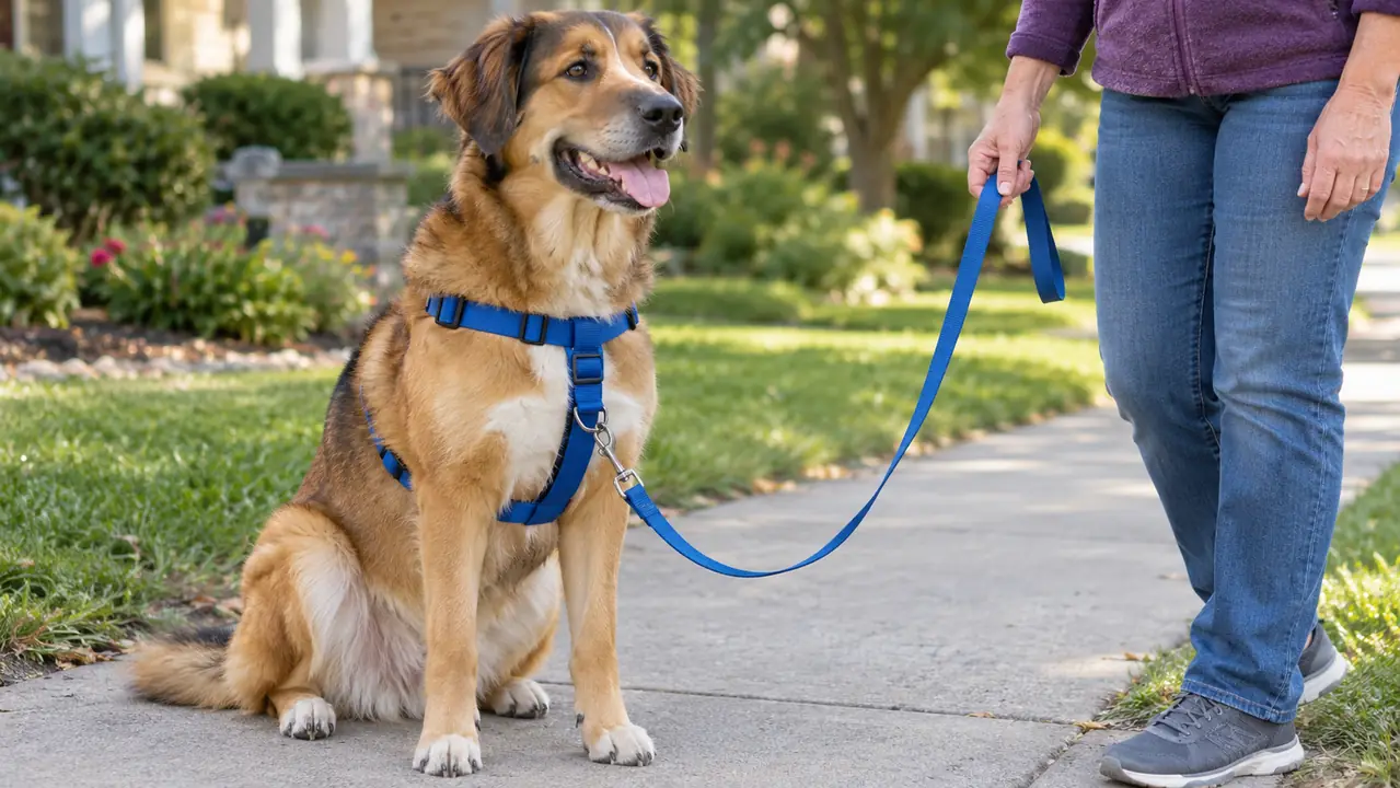 Close side view of a large dog sitting on a sidewalk wearing a front clip harness, with the leash clipped to the ring on the dog's chest