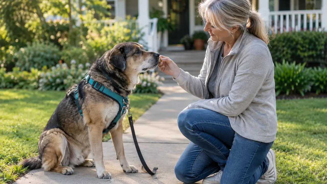 A woman kneeling on a front walkway giving a large dog a treat while the dog wears a front clip harness