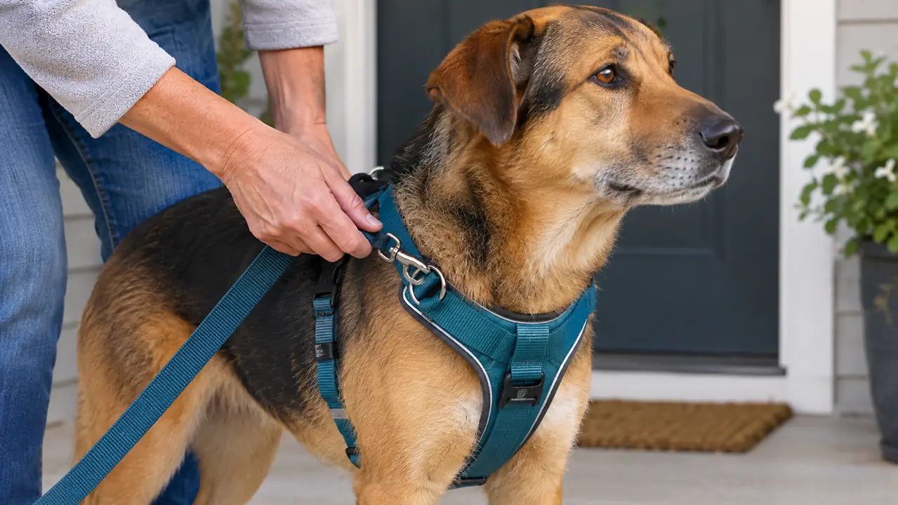 Close view of a hand holding a leash clipped to the front ring of a harness worn by a calm dog.