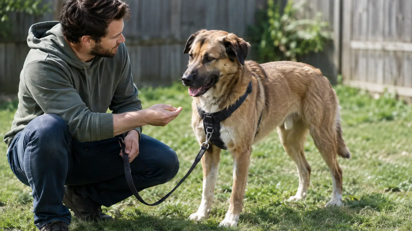 A large dog standing calmly in a front-clip harness while a person holds the leash at the dog's chest, in a fenced yard.